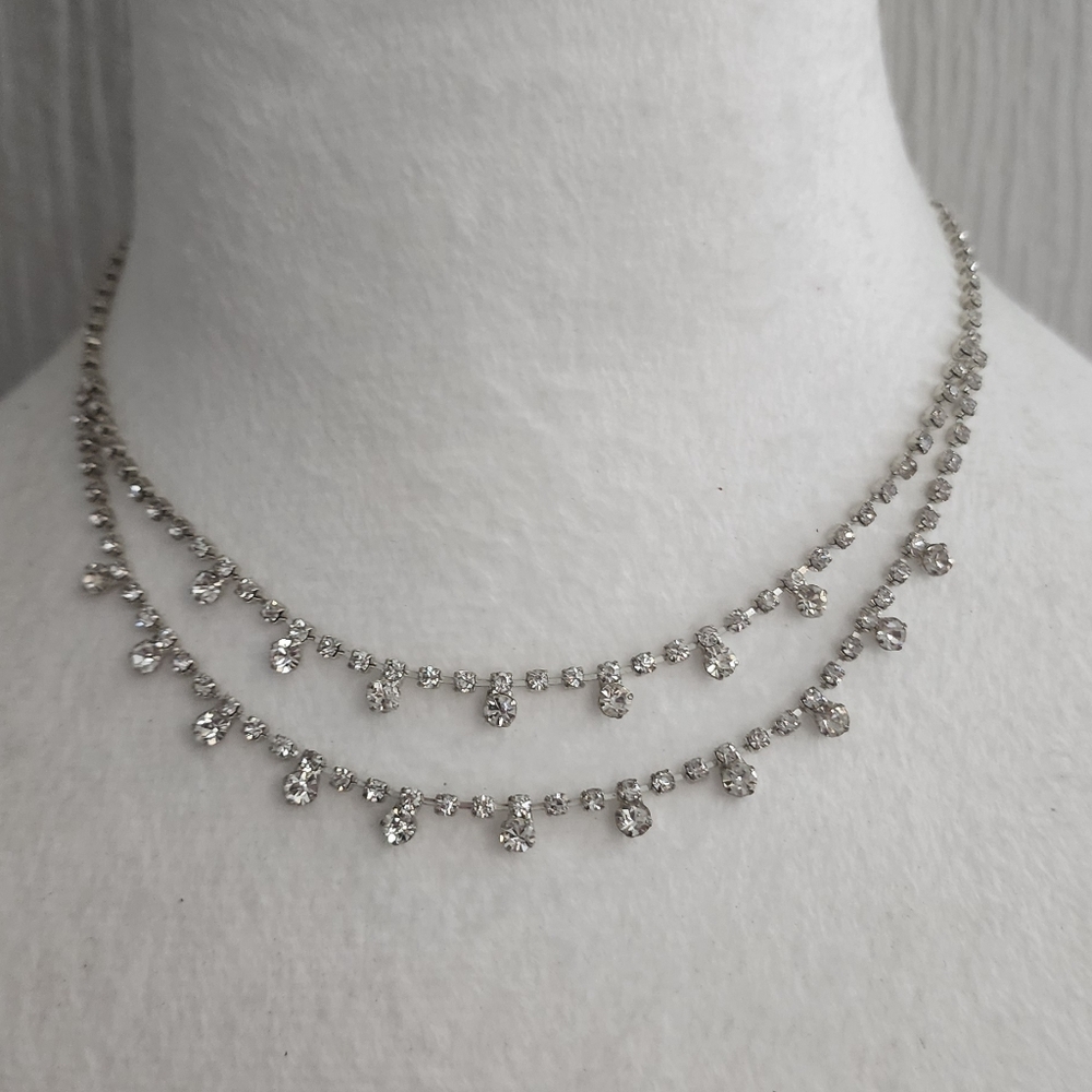 Dazzling Silvertone Double Layer Necklace With Rh… - image 1
